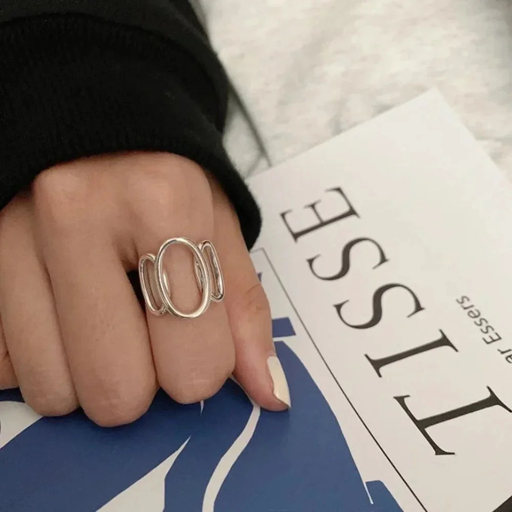925 Sterling Silver Oval Link Ring Minimalist Silver Geometric Statement Ring